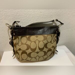 COACH F12657 Zoe Brown Signature Medium Hobo Shoulder Bag Leather Trim